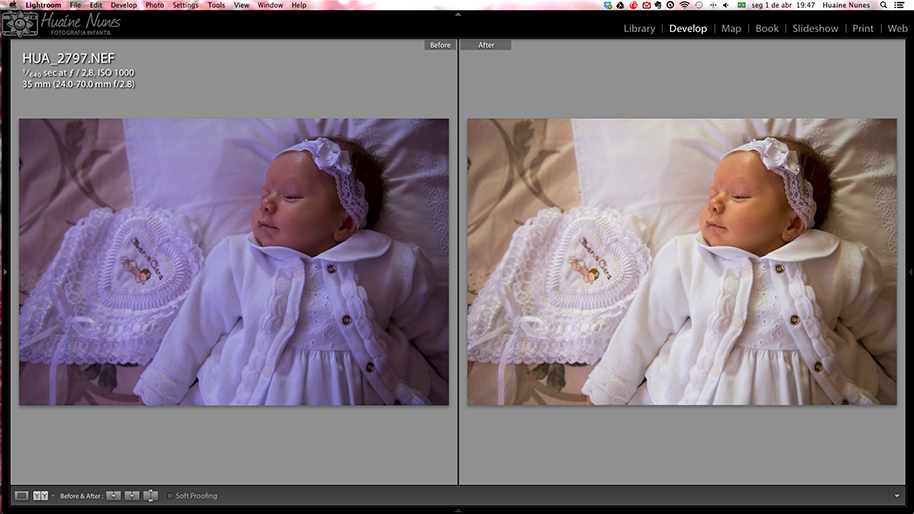 À esquerda a foto como saiu da câmera, completamente roxa. À direita com white balance custom, que eu fiz no Lightroom.